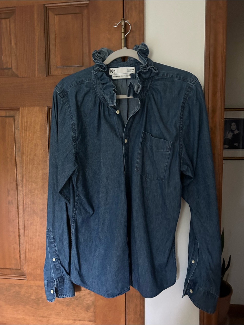KMJ Women's Dark Indigo Ruffle Collar Denim Button-Down Shirt